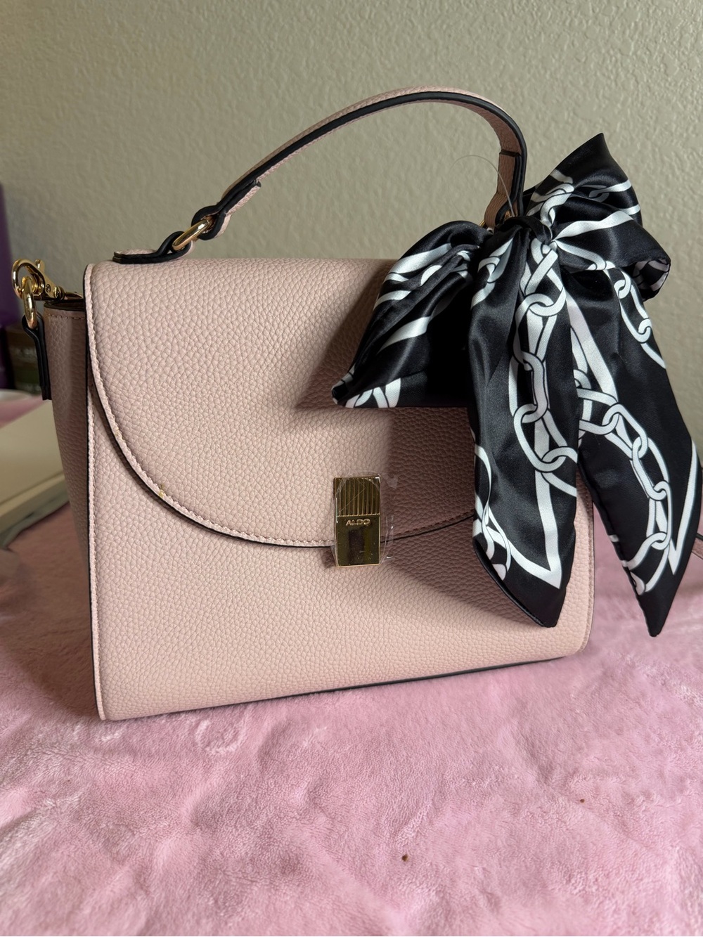 Aldo Blush Pink Top-Handle Satchel with Black & White Scarf